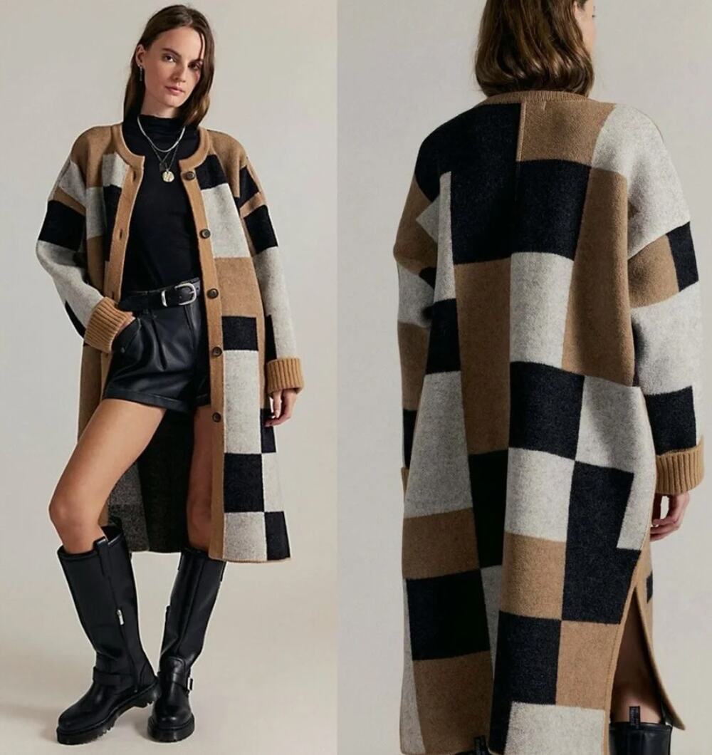 Free People Check Me Out Cardigan Sweater Coat 100% Wool Heavy Size M/L NWT